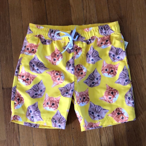 Mens Medium Yellow Cat Swim Trunks Nwt 